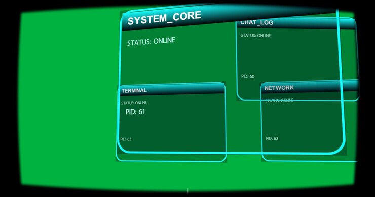 On startup, cyan HUD panels sliding, showing STATUS: ONLINE and PIDs on transparent background