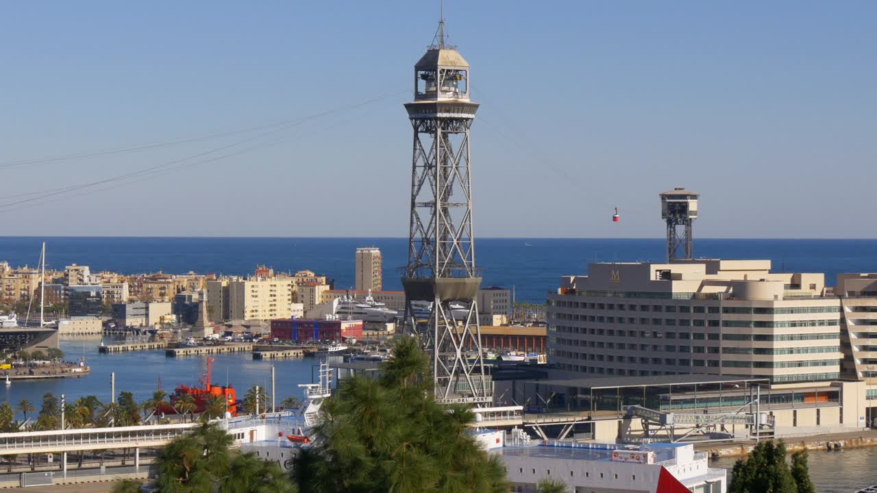 바르셀로나의  라이트 몬트주이크 (montjuic view on the funicular beach tower, 4k, 스페인)