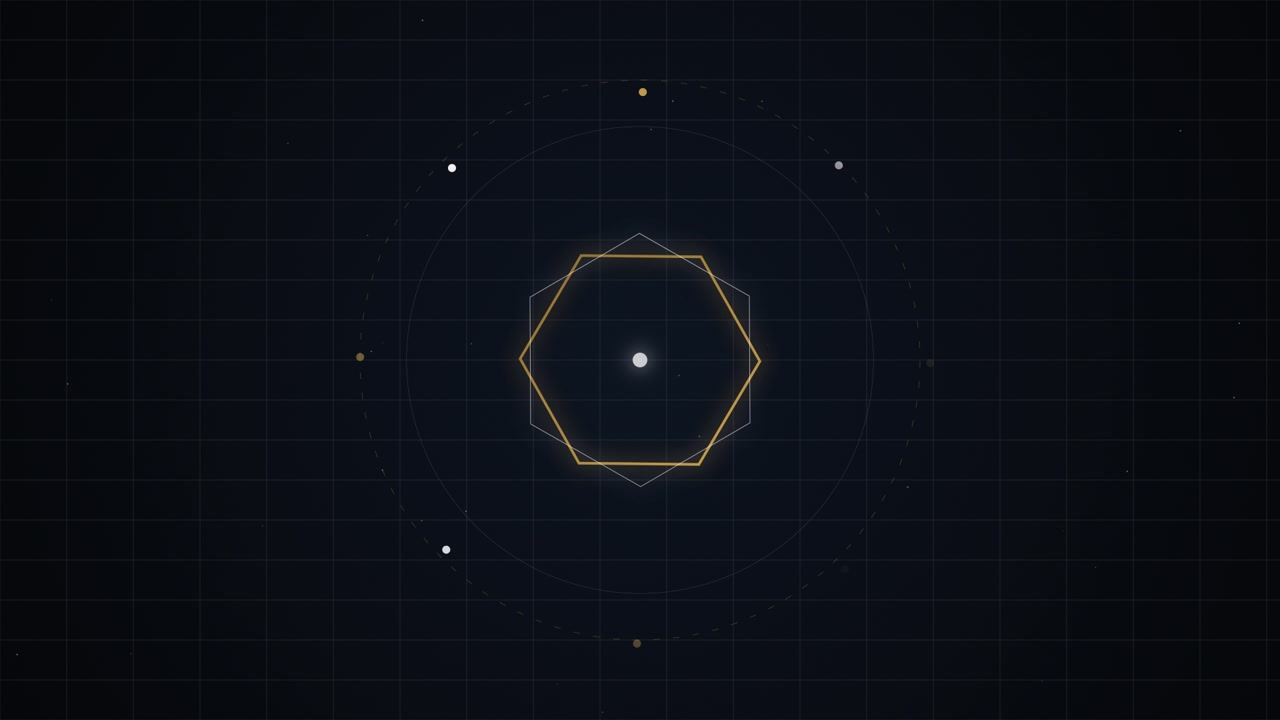 Abstract Digital Hexagon Animation with Rotating Orbital Elements