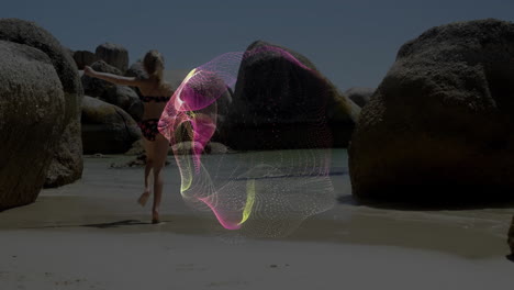 girl running on wet sand near granite boulders, showcasing pink mesh wave for technology