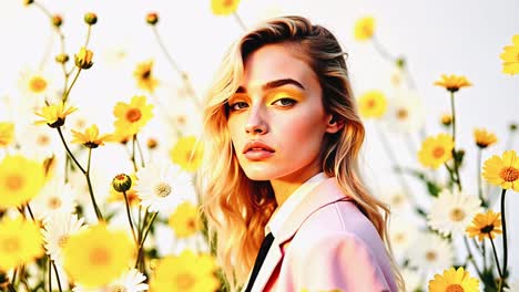 woman in a pink blazer surrounded by yellow flowers