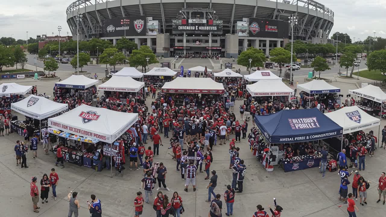 Excitement Builds Outside the Stadium: A Vibrant Crowd Gathers in Celebration for the Big Event Under Colorful Tents and Banners in the Stadium Parking Lot