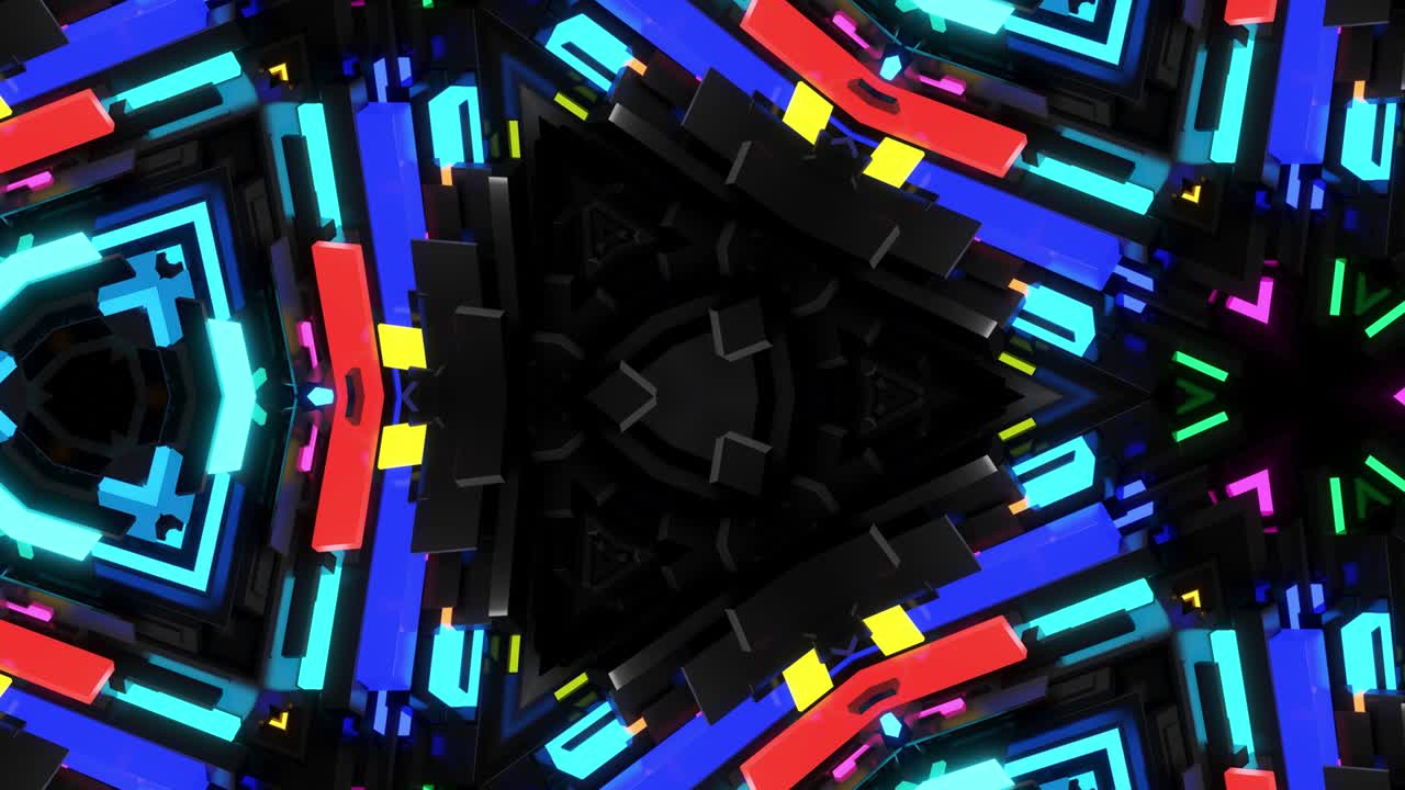 Dunkles Neon-Kaleidoskop. 4K dunkler Looping-Hintergrund mit abstraktem symmetrischem Muster aus geometrischem 3D-Neonlicht. Science-Fiction-Cyberpunk-Hintergrund für Festivals oder Konzerte, Musikvideos, VJ-Loop-Nachtclub