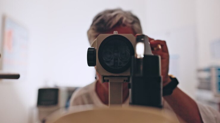 Eye care, laser test and woman doctor with machine