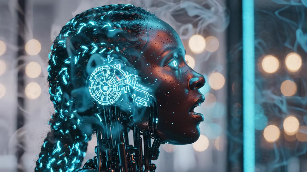 An intricate close-up of a futuristic cyborg with glowing features, showcasing advanced technology and a captivating digital aesthetic amidst a smoky background.