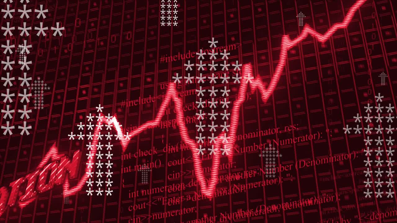Animation af rød inflationstekst, graf og gitter over databehandling på sort baggrund.