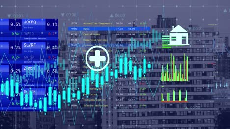 Animación-Del-Procesamiento-De-Datos-Financieros-Sobre-El-Paisaje-Urbano