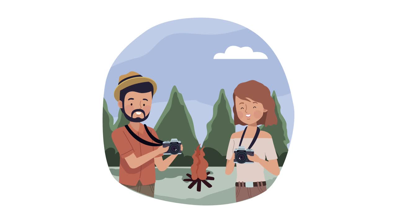 young tourists couple with cameras photographic