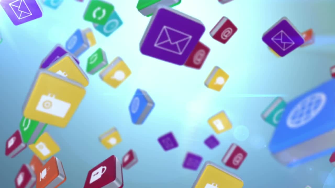 animación de iconos digitales sobre un fondo azul