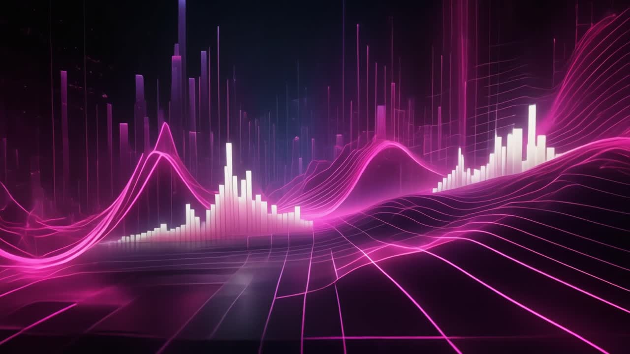 Abstract Digital Data Visualization with Glowing Pink Waves and Bars