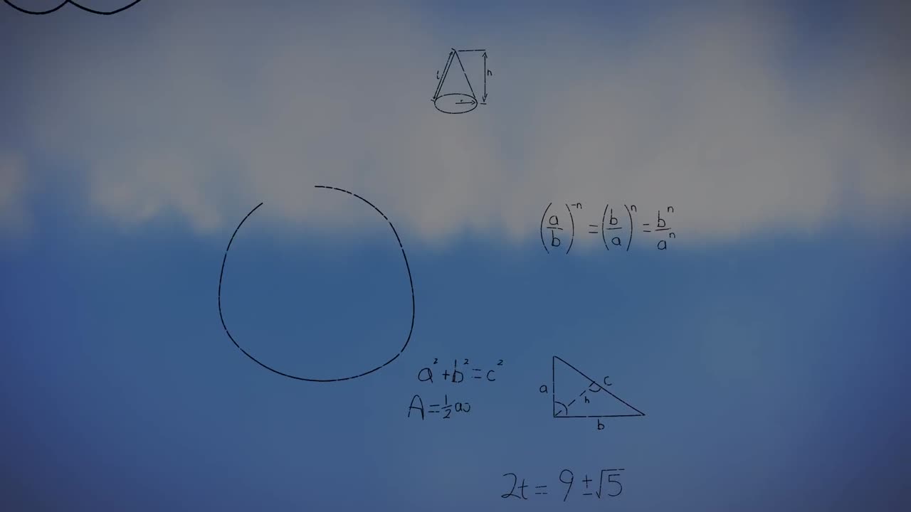 animación de fórmulas matemáticas sobre un cielo nublado