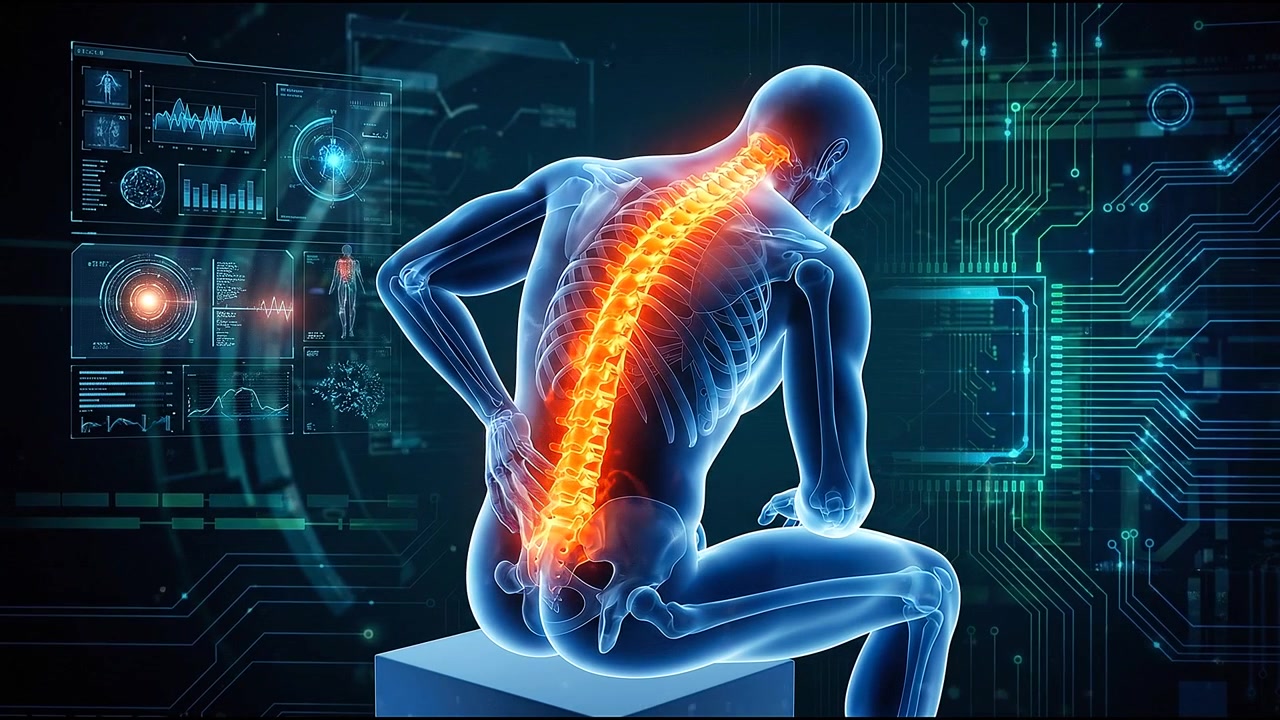 Person experiencing back neck or lower spine pain during work exercise or recovery activities