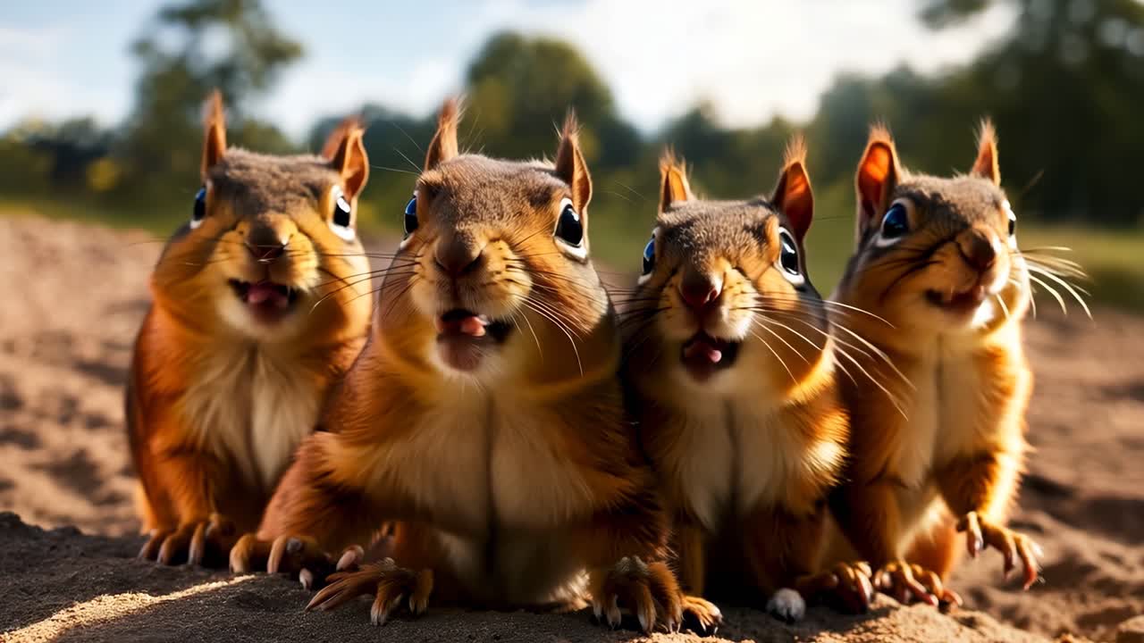 Um grupo de esquilos sentados em um campo de terra.
