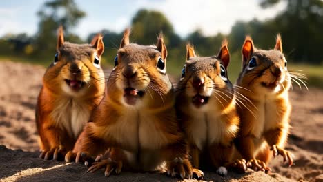 a group of squirrels sitting on top of a dirt field