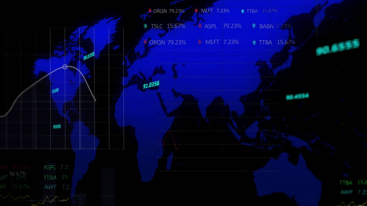검은 바탕에 세계 지도를 가진 통계 및 금융 데이터 처리의 애니메이션