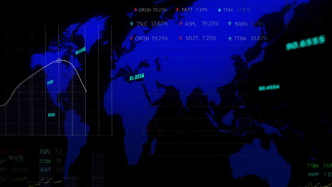 animation of statistics and financial data processing with world map over black background