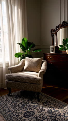 elegant bedroom or living room interior with chair and dresser