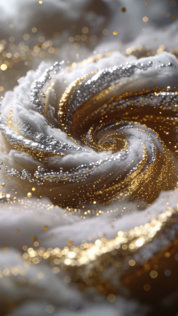 Video verticale: Vortice di piume che si stringe mentre la telecamera effettua una panoramica in studio con glitter oro e argento