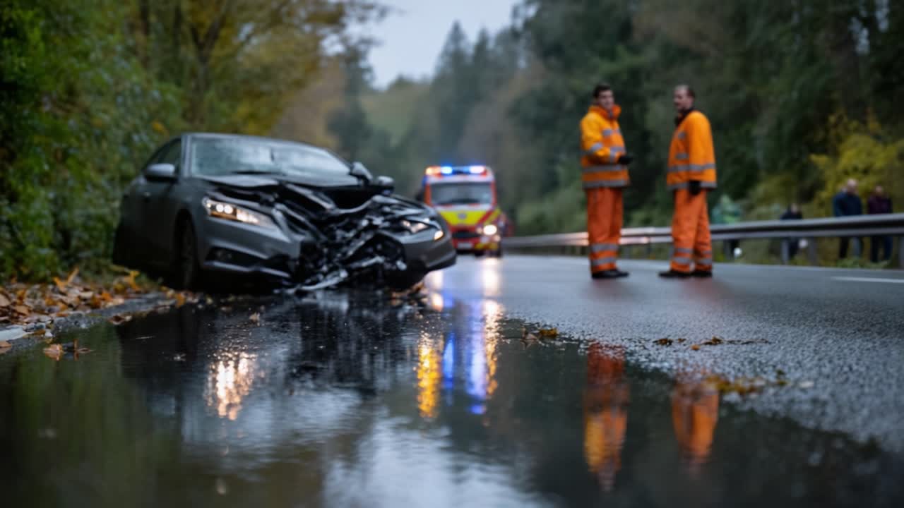 Scena di un grave incidente stradale con soccorritori, veicolo distrutto e riflessi nell'acqua piovana su una strada bagnata durante una giornata nuvolosa.