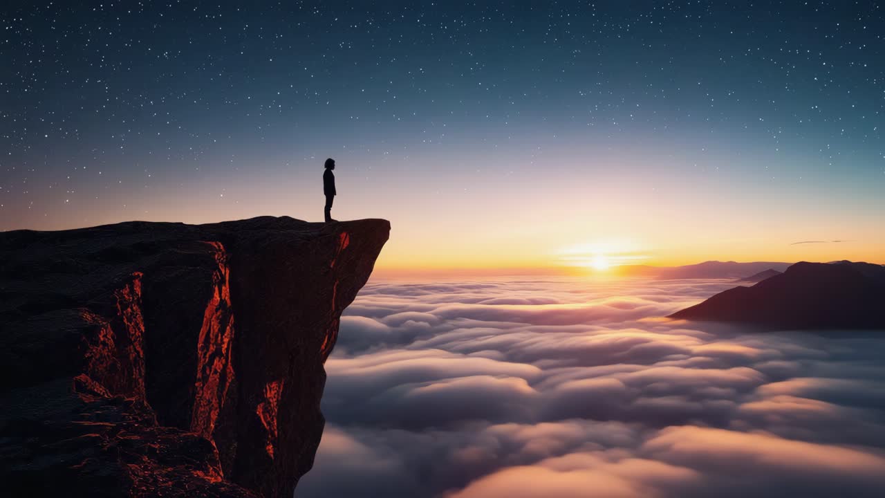 Person on a Cliff Above a Sea of Clouds at Sunset