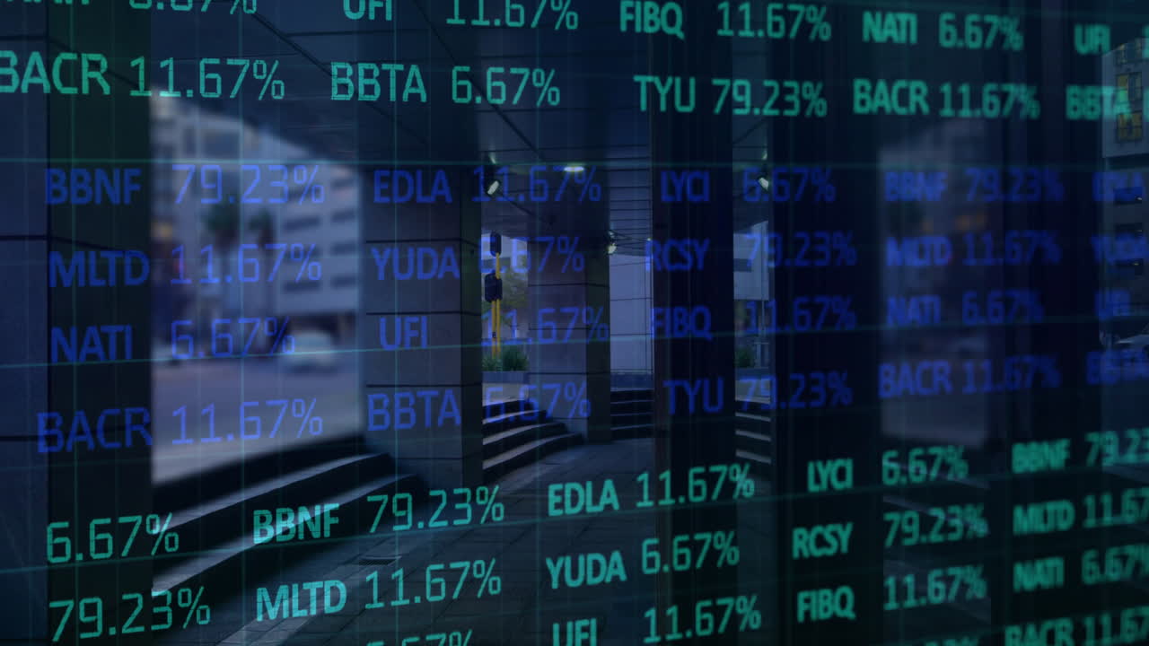 Stock market data animation over people walking in modern office building