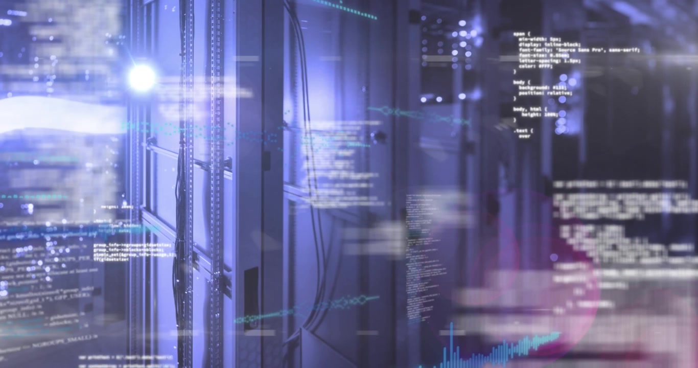 Animation of data processing over glowing computer servers in server room
