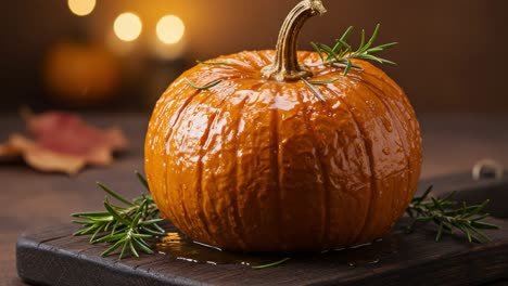 fresh pumpkin with rosemary on a rustic wooden board with blurred lights