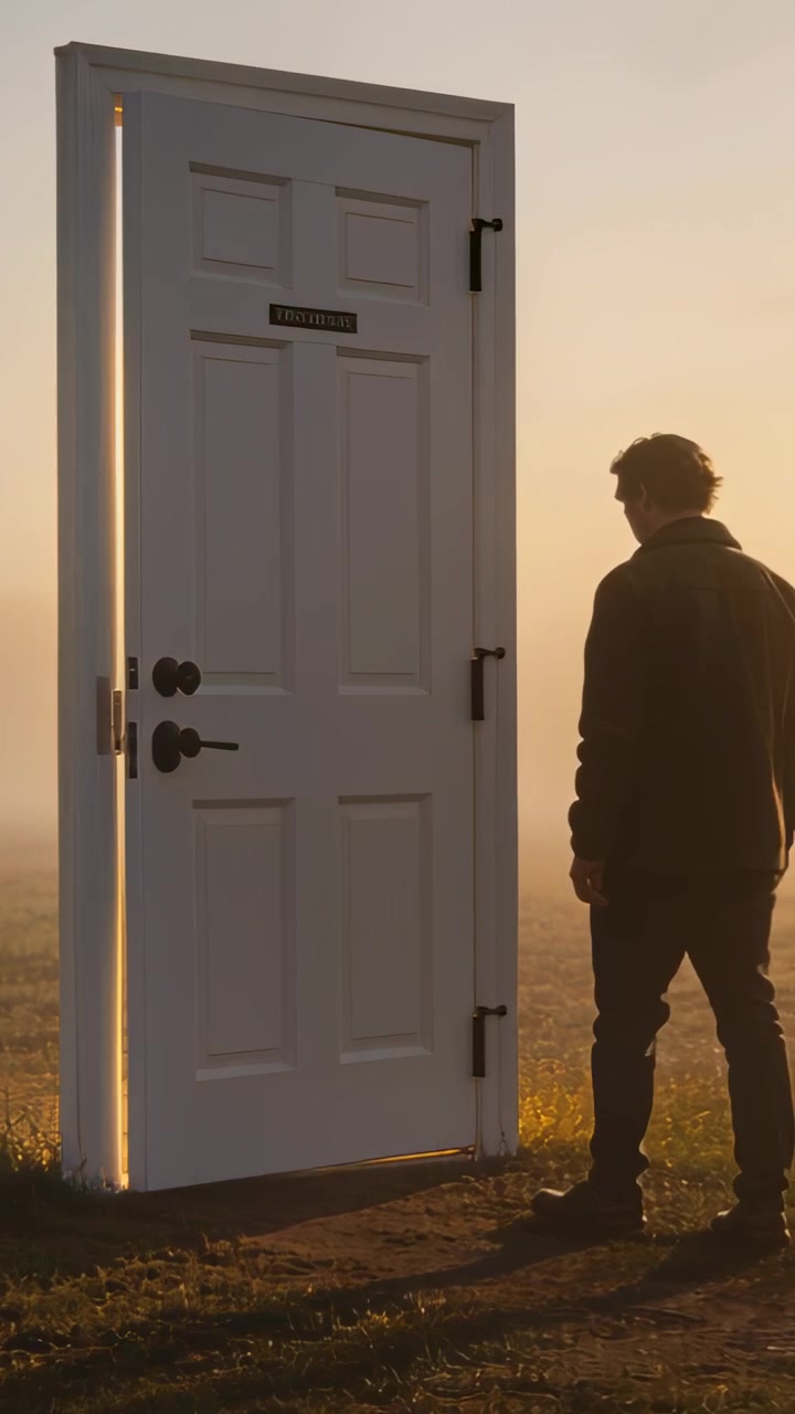 Video verticale: Porta a battente che proietta luce sull'erba, uomo in giacca che cammina verso di essa