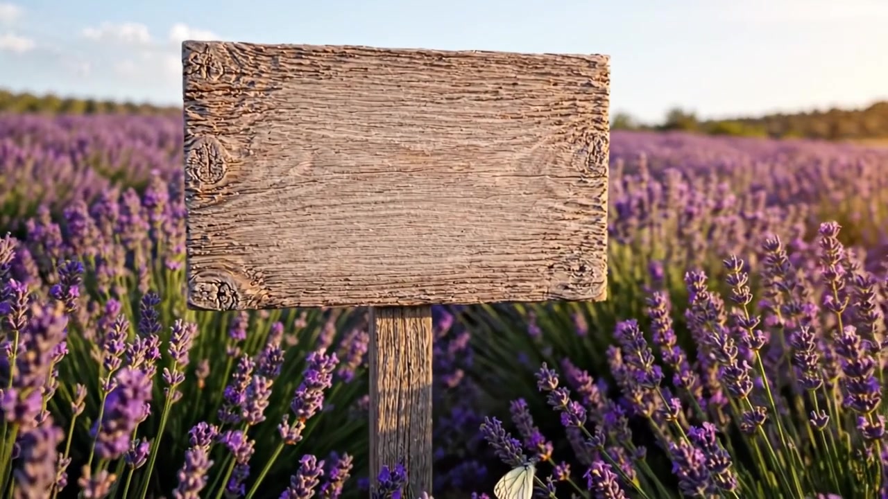 Un campo de lavanda sereno con un cartel de madera desgastado erigido entre vibrantes flores moradas bajo un cielo azul claro