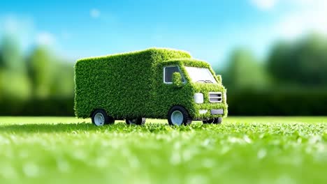 a toy truck covered in grass on a green field