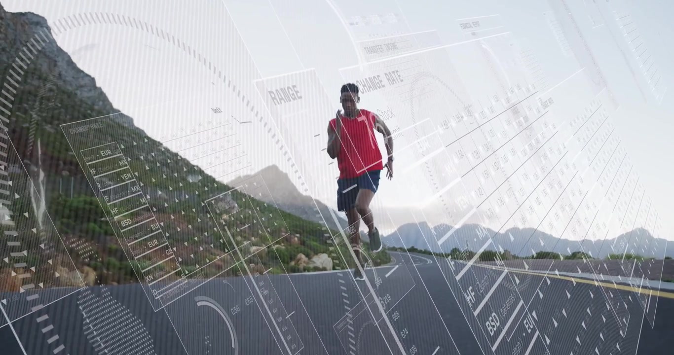 HUD overlay appearing, runner closing in toward camera, turning, passing centerline, tracking data