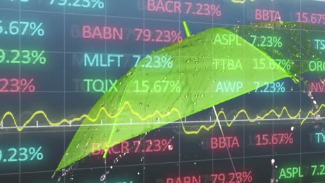 animation of financial data processing and yellow umbrella over dark background