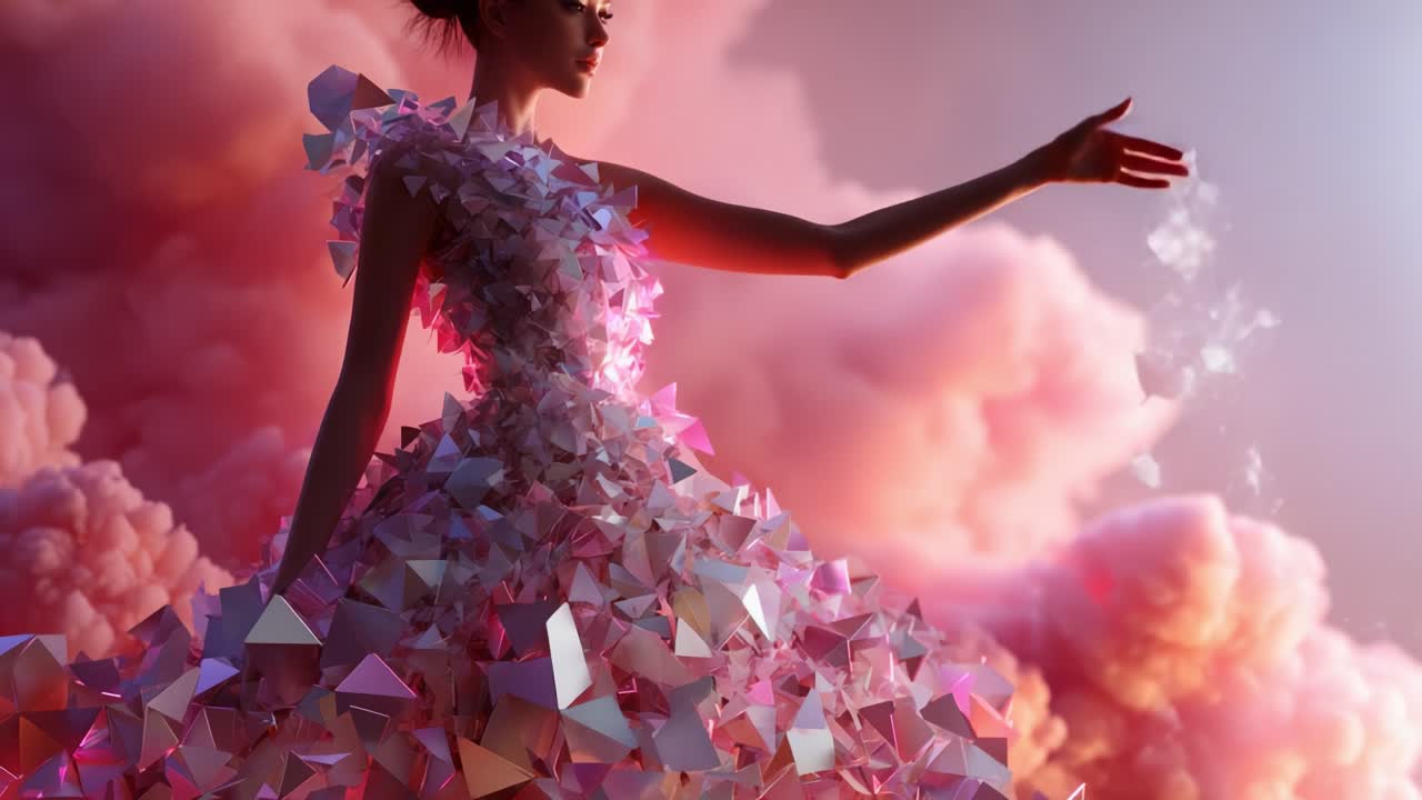 Woman in Geometric Dress Against Pink Clouds
