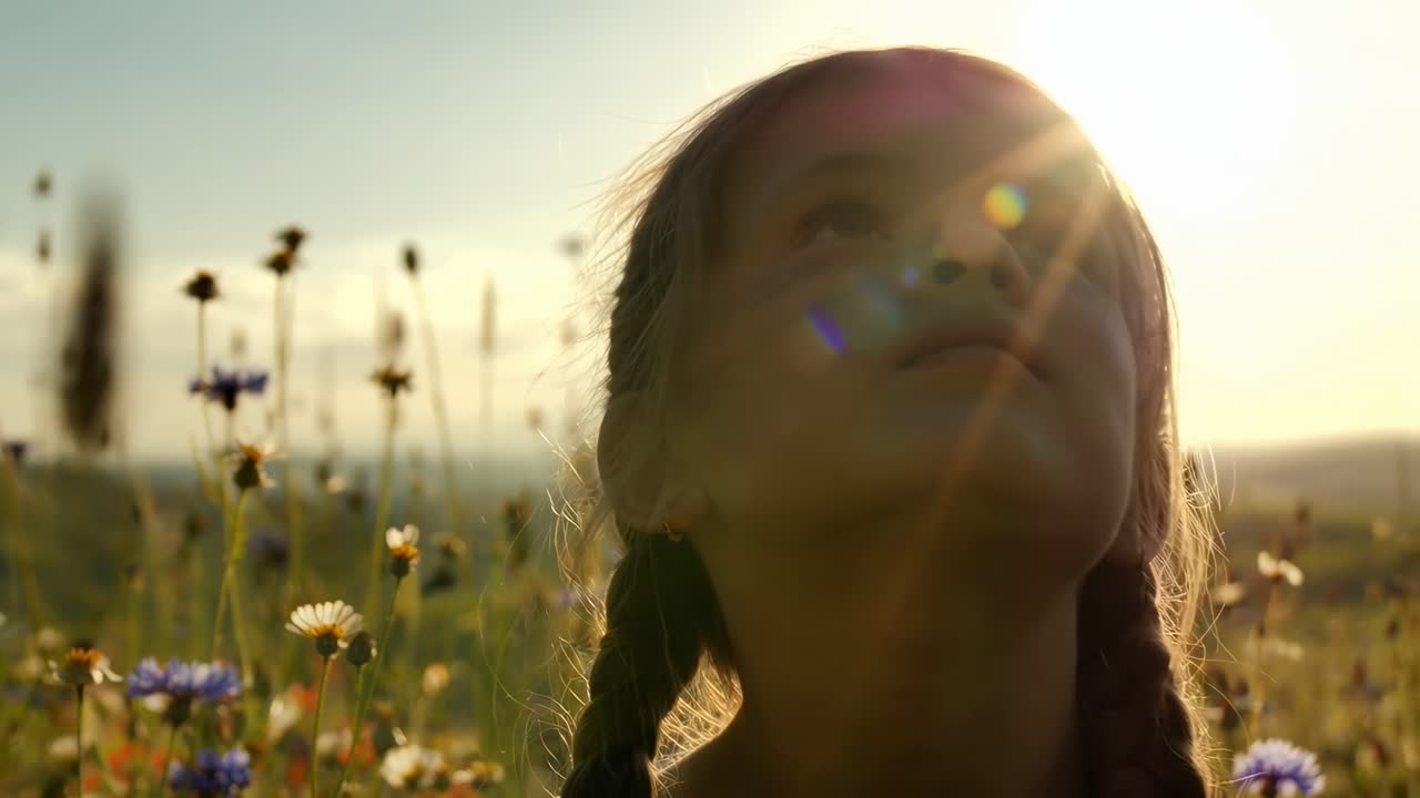 A serene video still of a girl with braids, gazing upwards in a sunlit meadow, captured from a low
