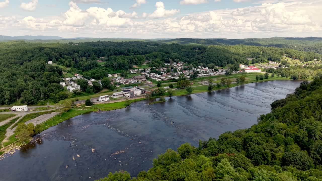 aerial pullout over the New River and Fries Virginia