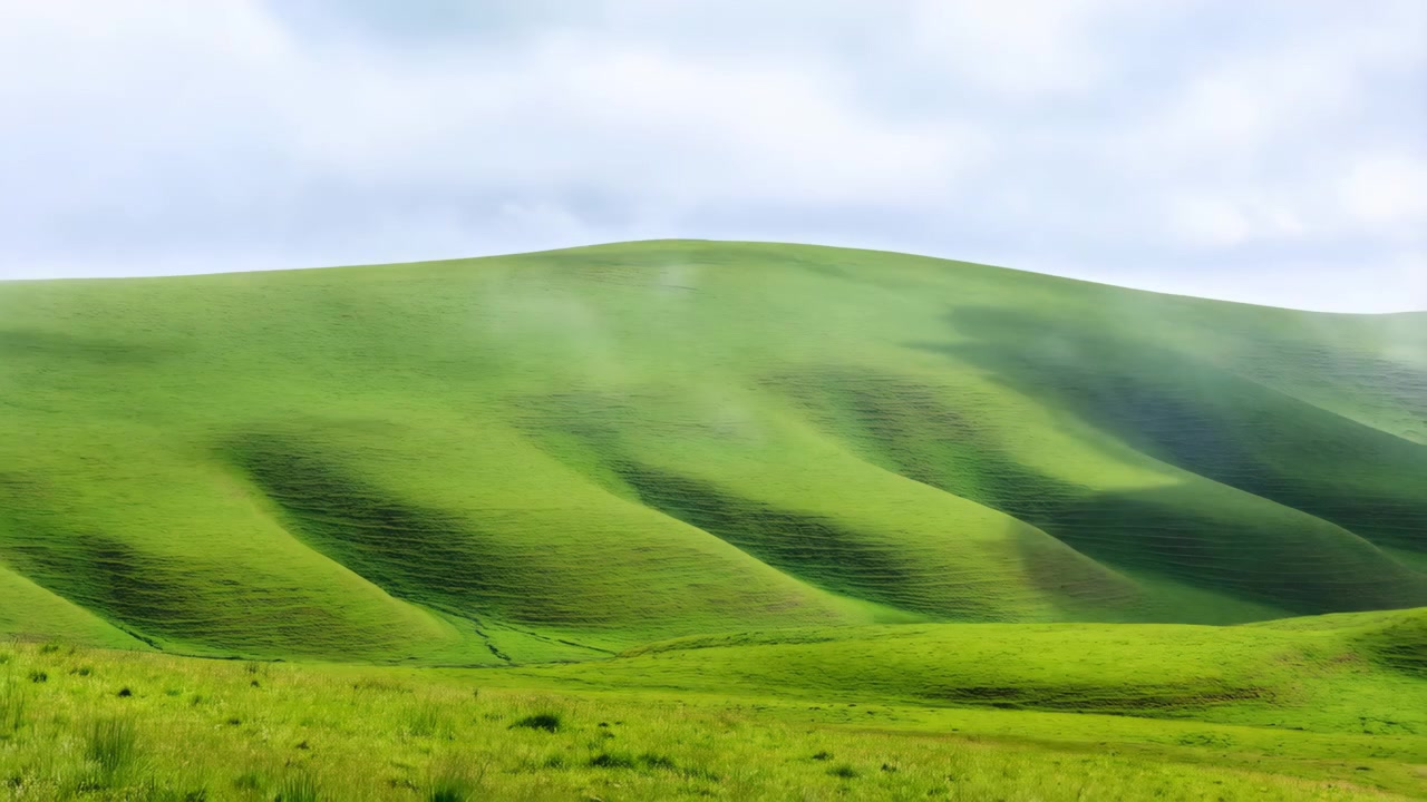 曇り空の下、なだらかな緑の丘と前景の牧草地が広がるパノラマの動的な風景。低い靄と薄い霧が中腹を漂い、柔らかく変化する帯を形成して尾根を覆い隠したり、現したりしている。