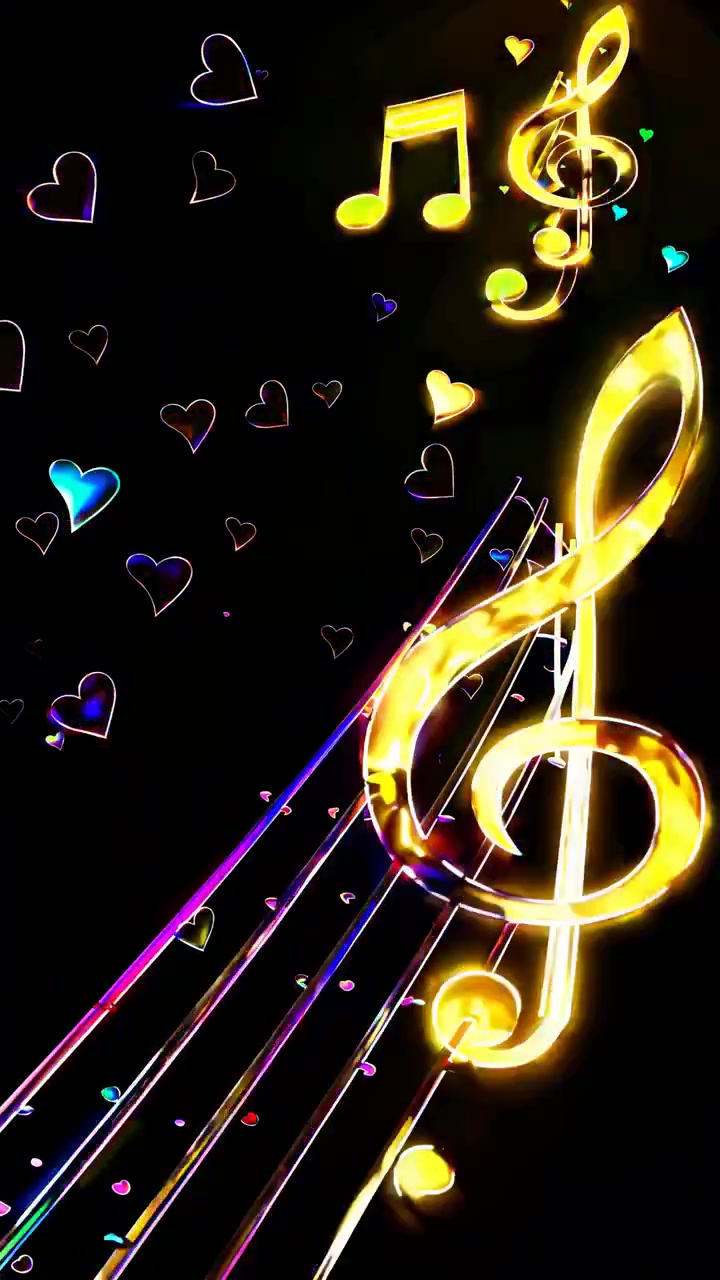 Note musicali al neon animate e cuori fluttuanti su sfondo nero