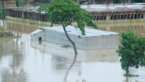 a tin-roofed house is submerged in water in a flood-affected area of bangladesh, south asia - drone flying forward