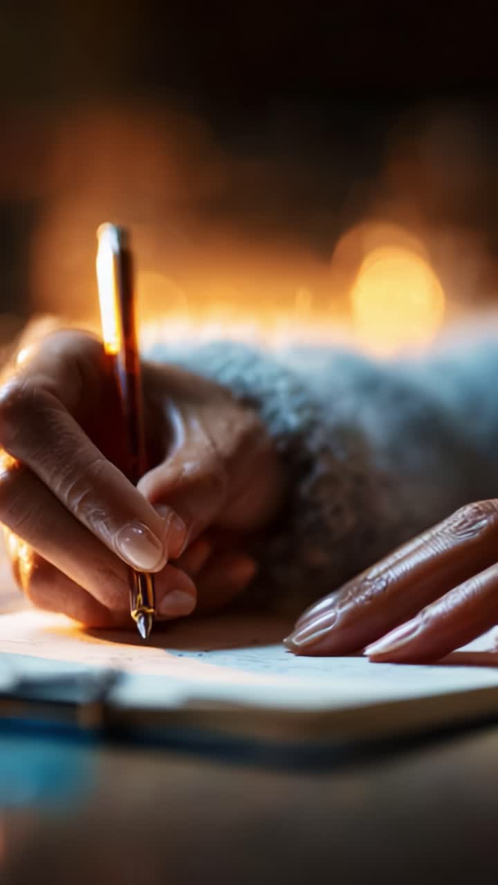 Ein gemütlicher Schreibabend: Die Wärme und Innenschau einer Hand einfangen, die Gedanken im sanften Schein eines Kaminfeuers festhält