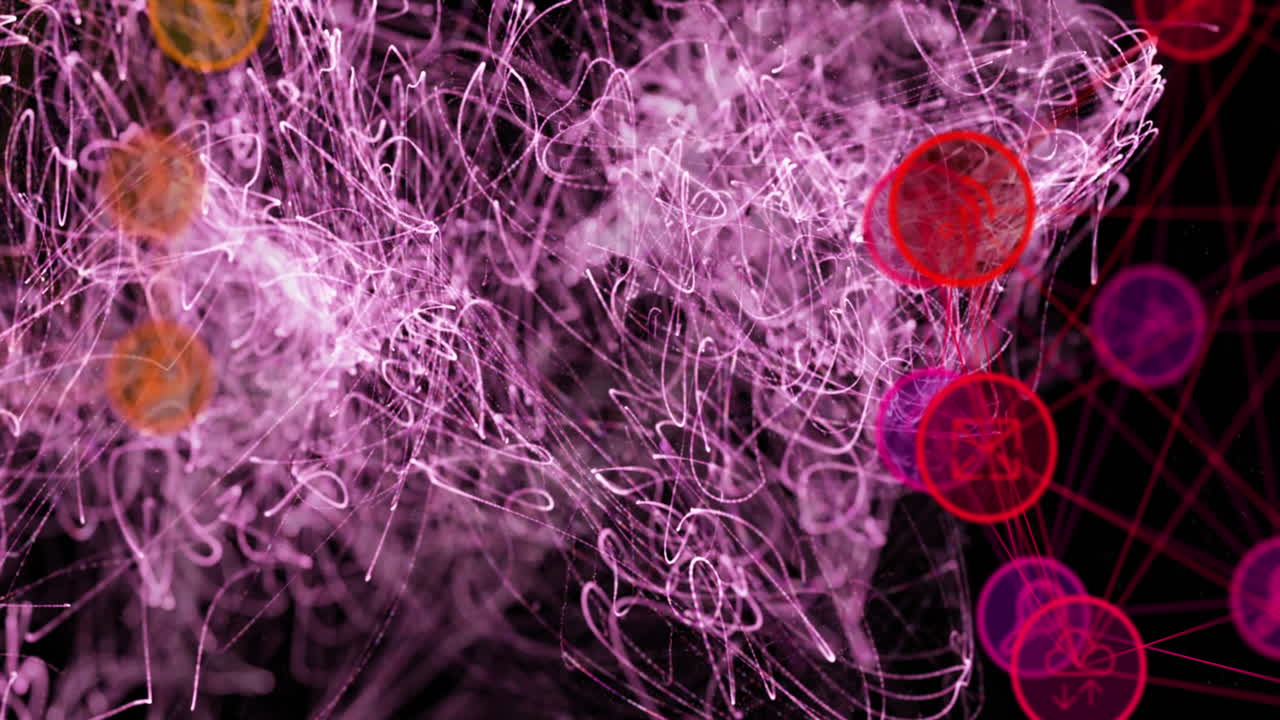 animación de líneas blancas sobre una red de conexiones con iconos