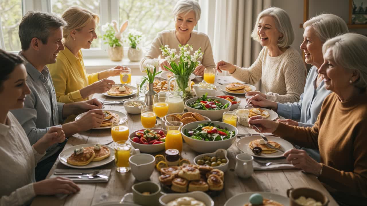 A Joyful Gathering of Friends and Family Sharing a Delicious Meal at a Charming Spring Brunch, Filled with Laughter, Great Food, and Heartwarming Moments