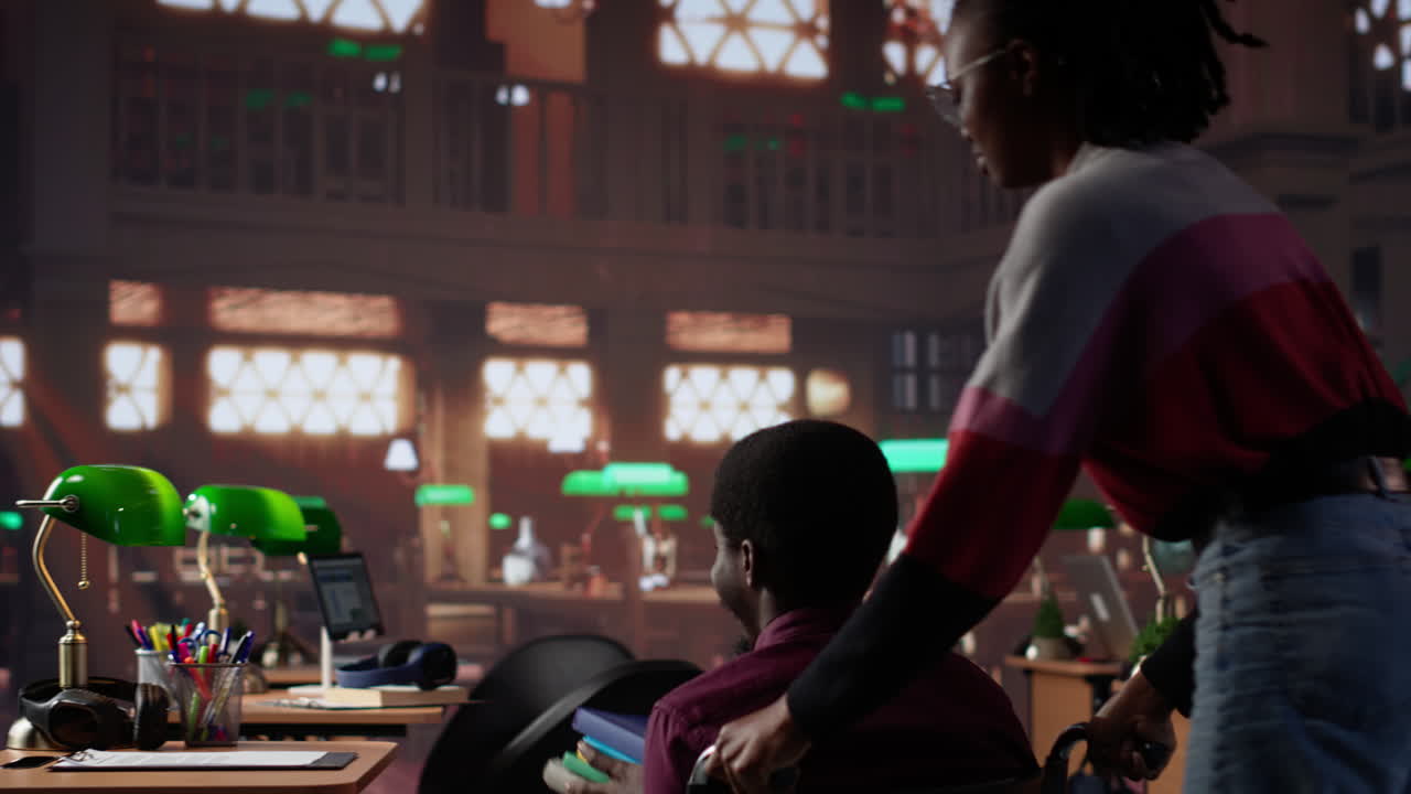 Vertical video male student with disability makes exam preparations at the university library