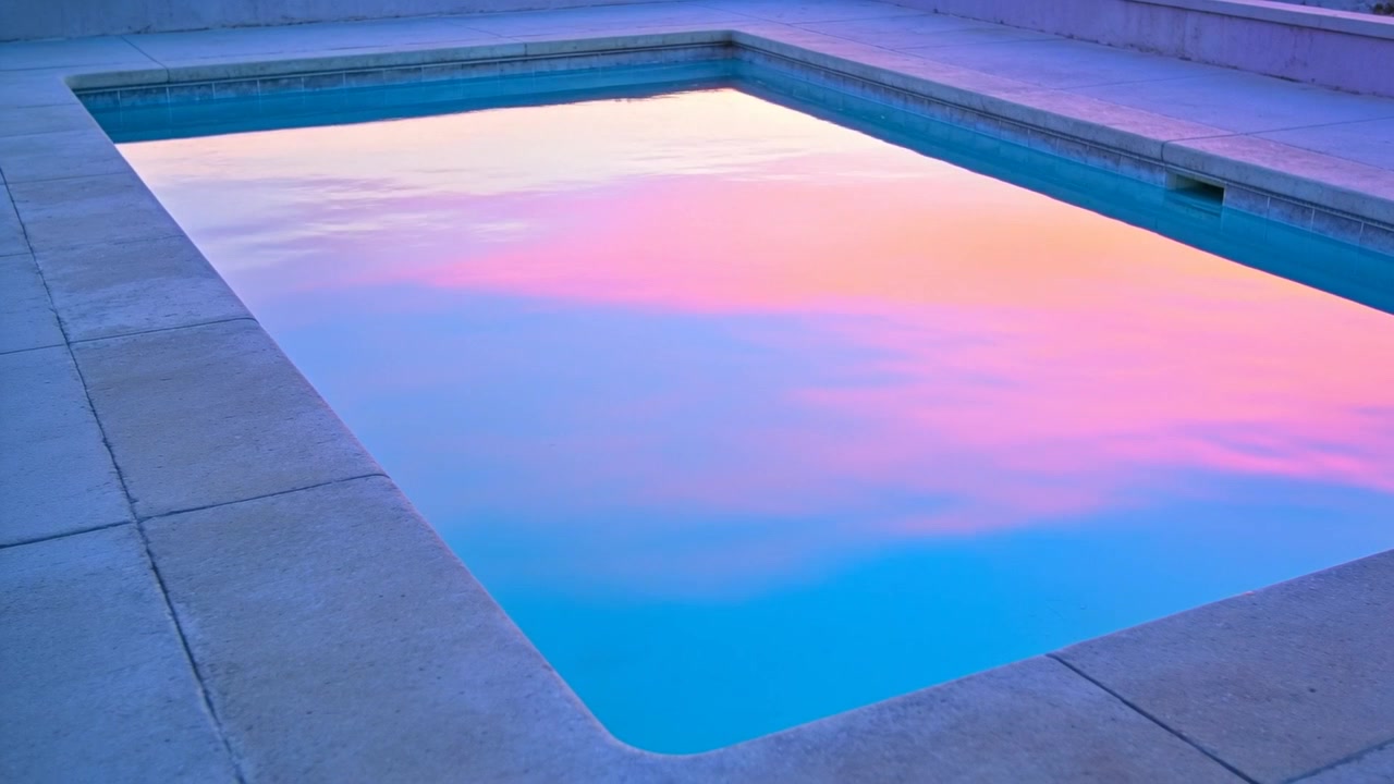 Showing swimming pool reflecting sunset light shifting from pink to blue at pool deck, with skimmer