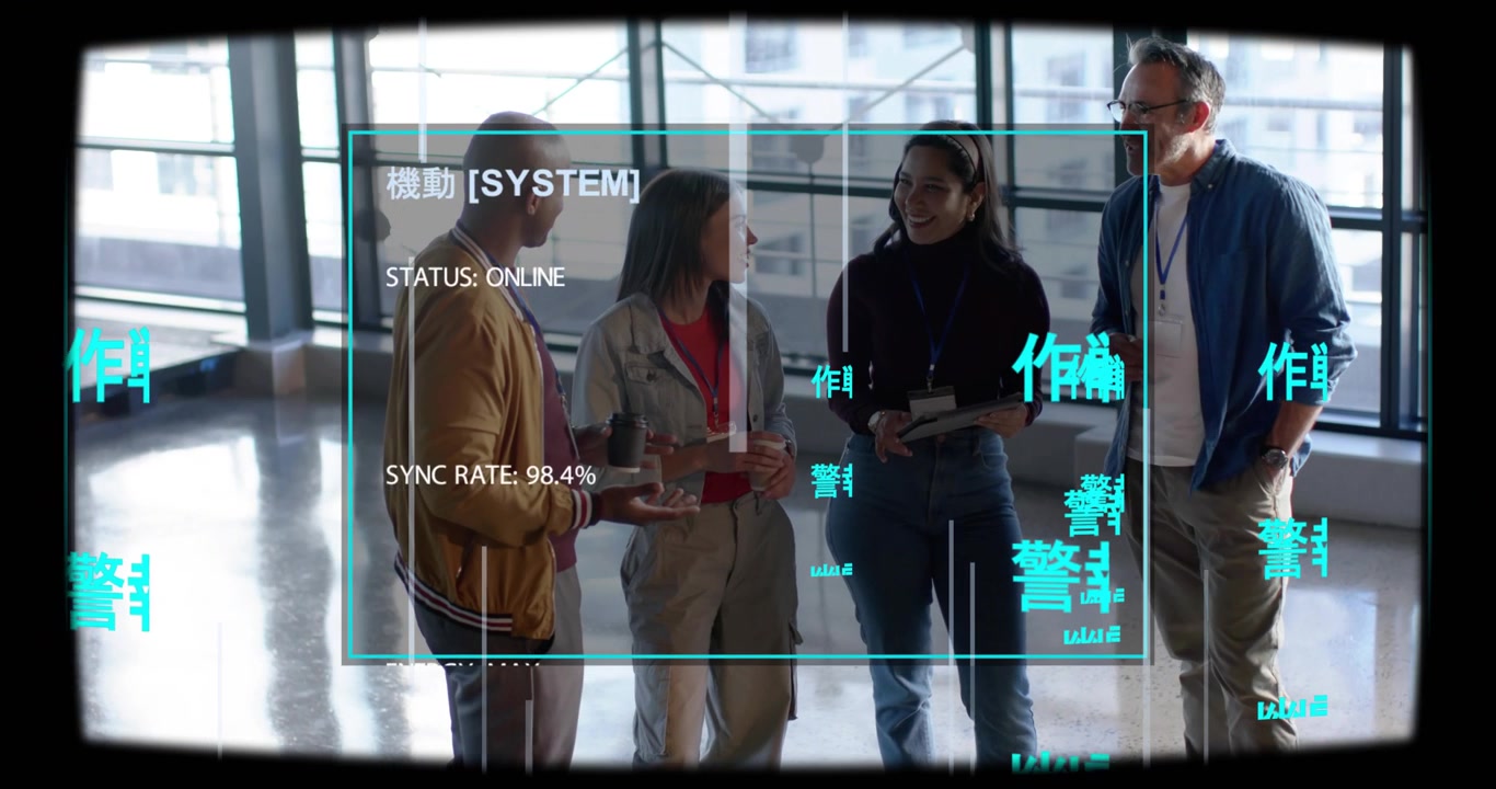Four colleagues meeting in atrium, woman presenting tablet and activating tech HUD with cyan glyphs