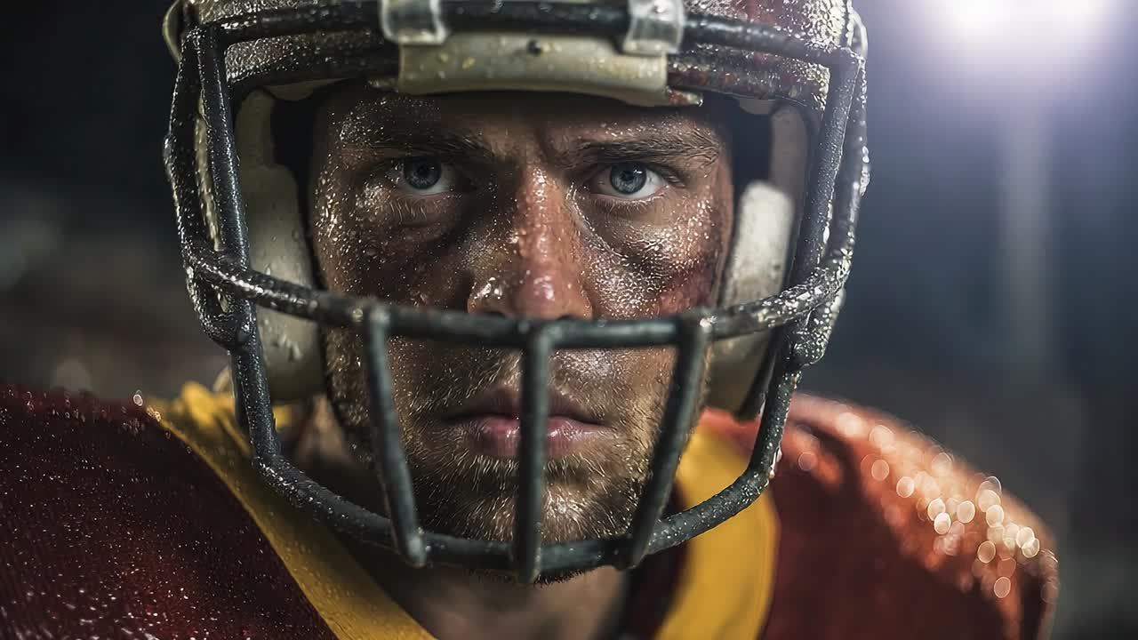 Intense football player focused on the game in rainy conditions