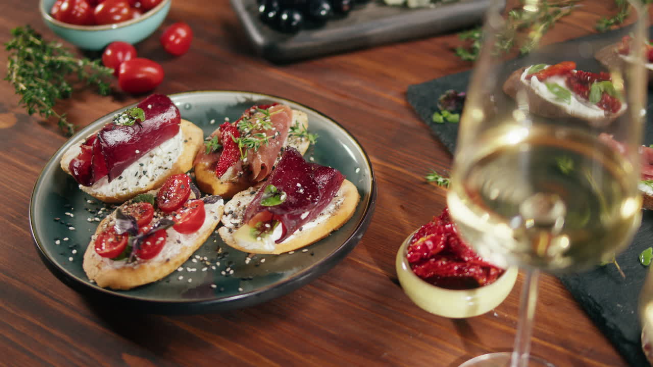 Close-up of bruschetta and wine