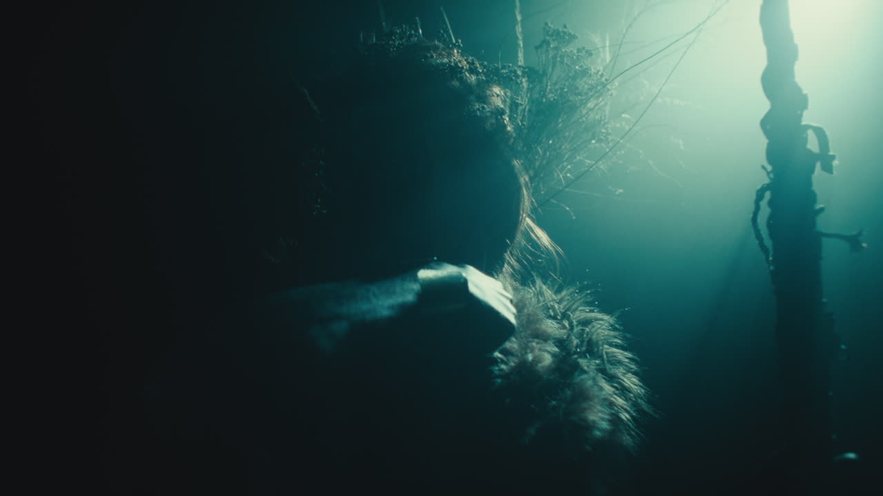 The witch makes a gesture of cutting her throat