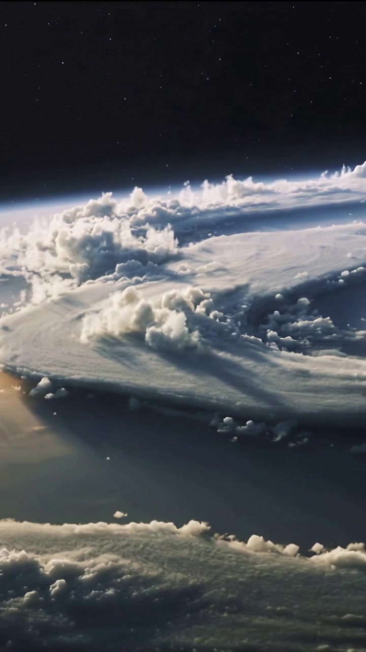 Video vertikal: Kamera yang mengorbit memperlihatkan kompleks konvektif dan awan anvil di tepi Bumi, menunjukkan cakrawala