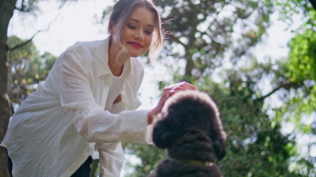 Loving woman caressing puppy at summer sunlight closeup. Smiling girl petting