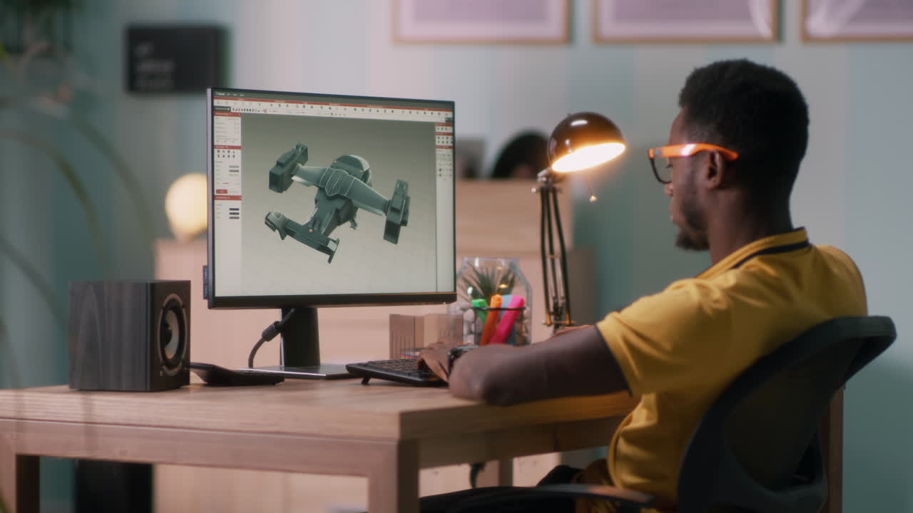 Man working on 3D design of an aircraft on computer
